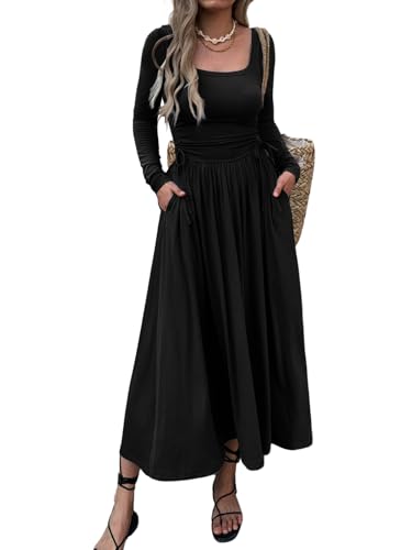 Mieazom Women’s Long Sleeve Square Neck Maxi Dress Adjustable Waist