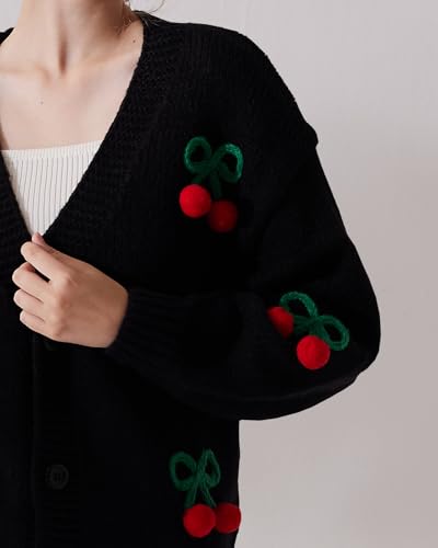 Cardigan Sweaters for Women Long Sleeve V-Neck Button Knit 3D Cherry Y2k Surcoat4