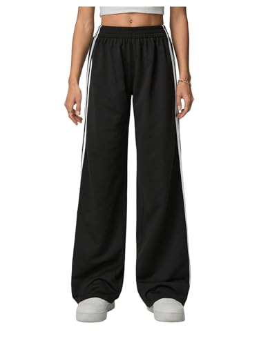 Verdusa Women's Striped Sweatpants Elastic High Waisted Straight Leg Workout Sports Trousers Black Tall-S