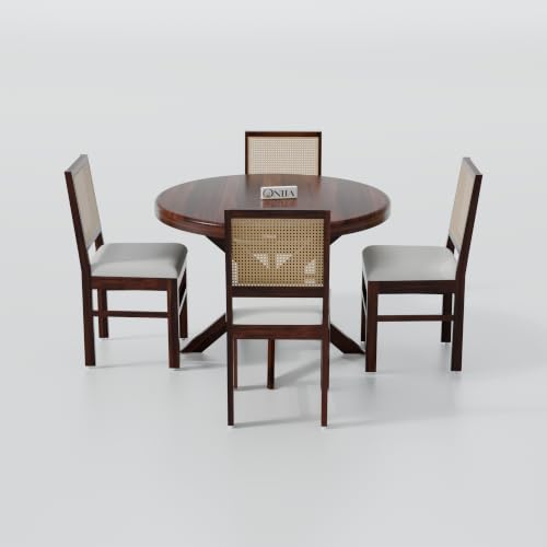 Image of ONIJA Solid Sheesham Wood 4 Seater Rattan Cane Dining Table Set with Cushioned Chairs for Dining Room | Living Room | Home & Office | Hotels Restaurant & Cafe (4 Seater, Walnut Finish)