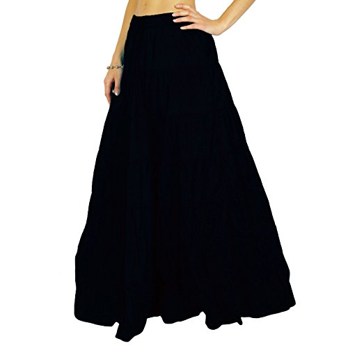 Women's Long Skirt Bohemian Gypsy Tiered Cotton Maxi Skirt Beach Wear Black3