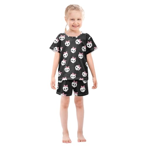 Pajama Short Sets Skull Pattern with Pink Bows Soft Cotton Summer Sleepwear 2 Piece PJS Size 5-14T4