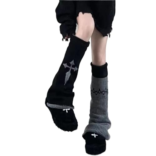 KFVIM Y2K Gothic Leg Warmers Emo Knit Long Socks Punk Grunge Alt Aesthetic Boot Covers for Women Teens gothic fashion (black)
