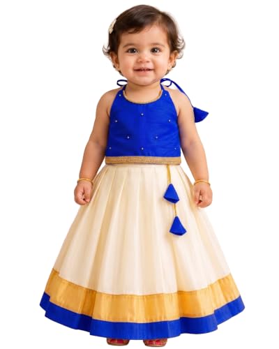 Image of Stanwells Kids Baby Girl Dress Cream Gold Pattu Pavadai Cotton Silk Lehenga Choli Kerala Kasavu South Indian Onam Festival Traditional Ethnic Wear