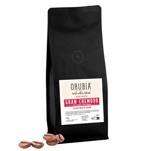 Orubia, Gran Cremoso, Café en Grains, Mélange Arabica-Robusta, Torréfaction Traditionnelle Foncée, 1 Kg, Corsé, Paquet Souple