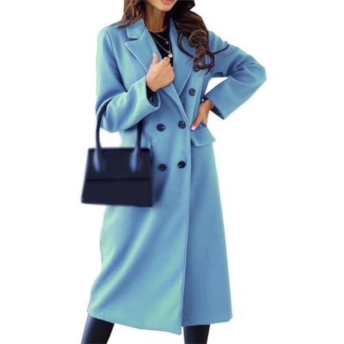 Mormon Wives Blue Coat, Double-Breasted Long Sleeves With Lapel Coat, Women Winter Wool Blend Mid-Long Coat (Light Blue,3XL)