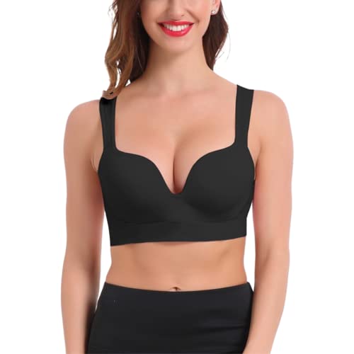 URPLITY Women's Seamless Sports Bra Yoga Bra Padded Cotton High Impact Push up Support Pullover Breathable Comfy Sport Camisole U Plunge Bra, Black, XL