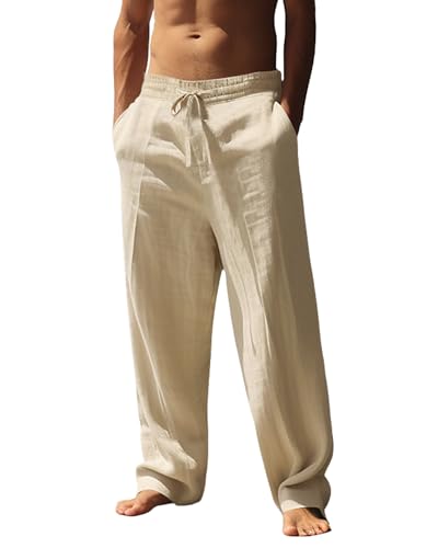 Men's Linen Pants Summer Fall Wide Leg Casual Pant Drawstring Elastic Waist Plain Beach Trousers with Pockets