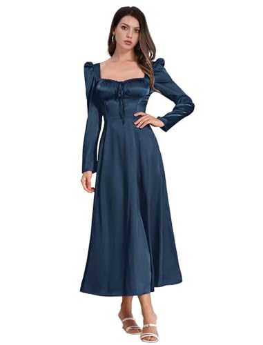 IDOPIP Damen Langarm, Vintage, Satin, Corsage, quadratischer Kragen, langes Kleid A – Linie Schnürung mit Blasenärmeln Hochzeitskleid Abendkleid,...