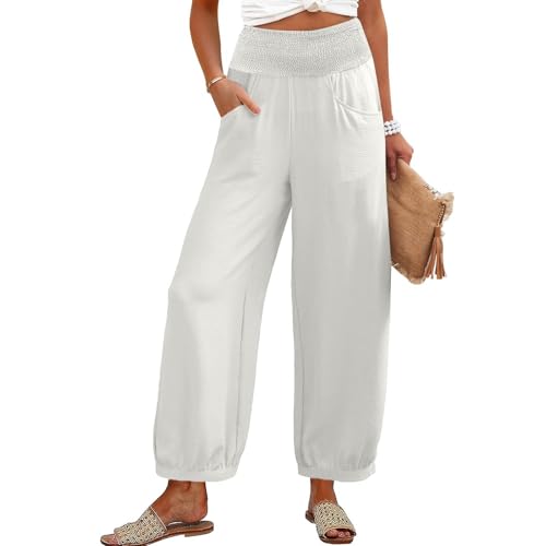 Womens Linen Pants Smocked High Waisted Wide Leg Palazzo Pants Loose Fit Casual Summer Beach Trousers with Pockets