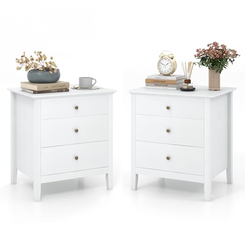COSTWAYBedside Table with 3 Drawers, Wooden Nightstand Sofa Side Table with Storage, Modern Bedside Cabinet Chest Accent End Table for Living Room Bedroom, 60x45x66cm (2, White)