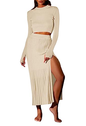 Duigluw Women 2 Piece Outfits Winter Long Sleeve Crop Top Bodycon Pleated Skirt Knit Sweater Dress Set