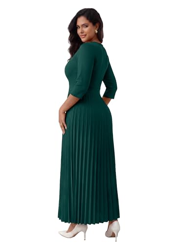 Image of FANDEE Women's V-Neck Pleated Maxi Dress A-Line 3 /4 Sleeve with Pockets