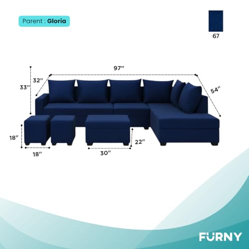 Image of FURNY Gloria 8 Seater Fabric RHS L Shape Sofa Set with 1 Centre Table & 2 Puffy (Dark Blue) Premium Velvet Finish | Ideal of Living Room