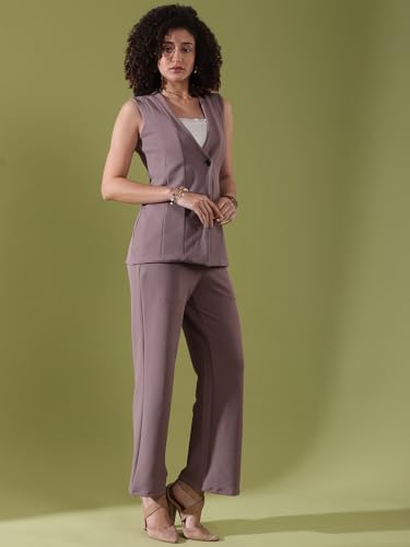 Image of Selvia Womens Lycra Solid Co-Ords Set|Sleeveless V-Neck Top & Trouser 2 Piece Co-Ord Set