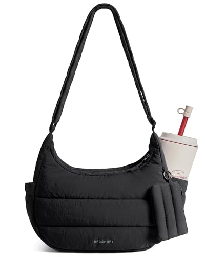 bagsmart Umhängetasche Damen Crossbody Bag Puffer Tasche Moon Bag mit Verstellbarem Schultergurt Leichte Puffy Halbmond Handtasche für Arbeit Uni Reise Alltag Schwarz M