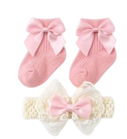 capznmore Baby Girls Bow Socks & Lace Headband Set | Cute Bowknot Anti-Slip Baby Socks | Comfortable & Stretchable | Cotton Soft Socks for 3–12 Months Infants-picture-39
