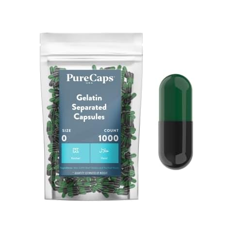 PureCaps USA - Empty Gelatin Capsules Size 0, 1,000 Empty Separated Gel Pills, Green/Black, Non-GMO Certified, Kosher, Gluten Free and Halal Certified, Pure Beef Gel Pill Capsules Empty Cover