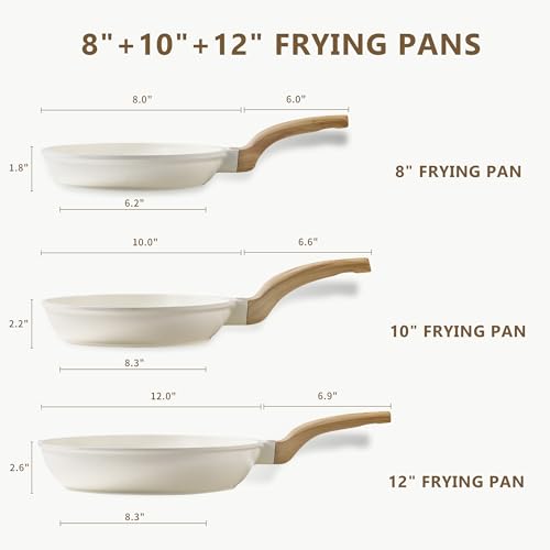 CAROTE Non Stick Frying Pans Set,Nonstick Granite Fry Pan Egg Pan Omelet Pans, Stone Cookware Chef's Pan, PFOA Free,White Granite, 8"+10"+12"