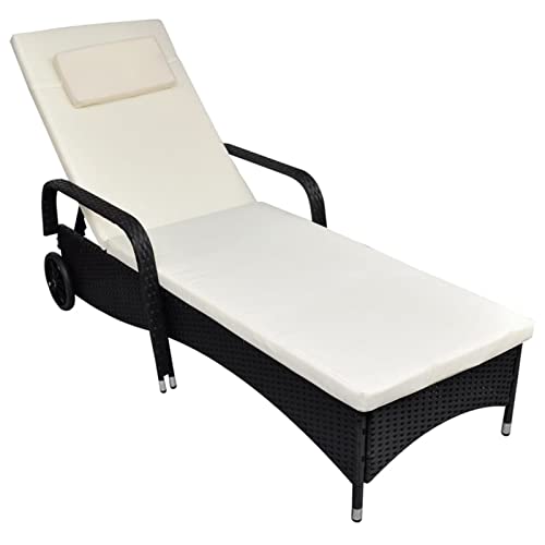 LAPOOH Sonnenliege mit Polster & Rollen Poly Rattan Schwarz,...
