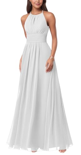 KURFACE Damen Neckholder Brautjungfernkleider Plissee Chiffon Formelles Kleid Bodenlang A-Linie Abendkleid Partykleid, weiß, 34
