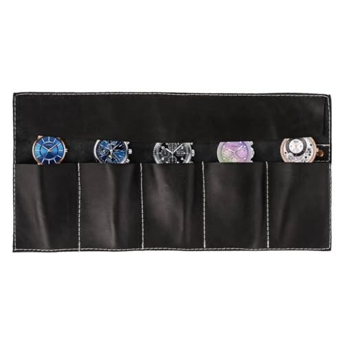 Leathershire Rotolo per orologio da viaggio in pelle nera naturale di alta qualità, regalo per lui (5 tasche)