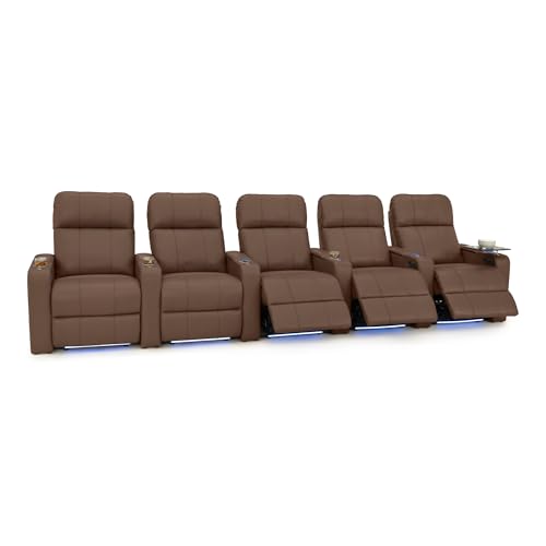 Image of Seatcraft Monterey Home Theater Seating Tobacco Row of 5 | Italian Leather, Wall Hugger, Zero Gravity, Powered Headrest, Power Recline, Zero Gap, USB charging