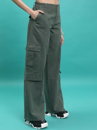 Image of Tokyo Talkies Pure Cotton Straight Wide Leg Cargo Pants |Relaxed Fit Utility Trousers