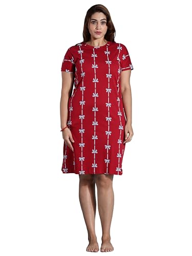 Image of 9shines Label Hosiery Cotton Knee Length Short Night Dress | Short Nighty for Women with Pocket | Graphic Print Nightwear | Night Gown for Women (M-7XL)