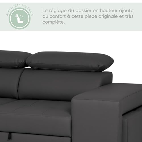 BUDWING John Canapé-Lit d’Angle 4 Places – Chaise Longue Réversible, Têtières Réglables et 2 Poufs – Revêtement en Polyuréthane – Style Moderne – 263x161x96 cm – Noir – Image 5
