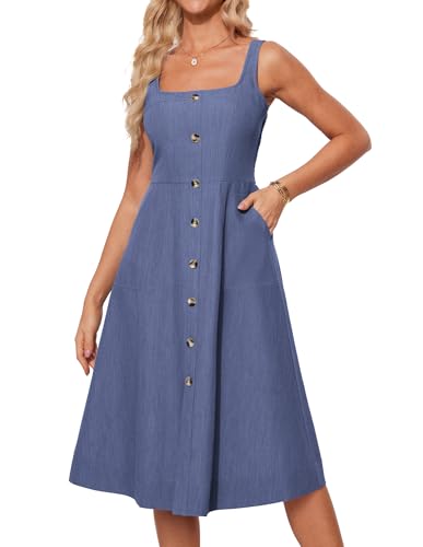Image of GRACE KARIN Women's Summer Dress 2025 Casual Square Neck Flattering A-Line Button Down Midi Tank Sundress with Pockets