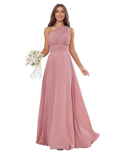Qgeno One Shoulder Bridesmaid Dresses for Wedding Long Dusty Rose A Line Chiffon Formal Evening Party Gowns 2