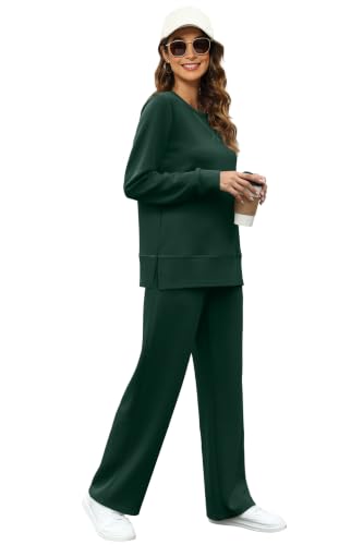 Image of OFEEFAN Women's 2 Piece Lounge Set Travel Airport Outfits Side Slit Tracksuit Wide Leg Loungewear Baggy Comfy Sweatsuit S-3XL