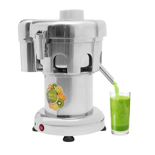 370W 110V electric juice extractor machine in stainless steel beside carrot smoothie.