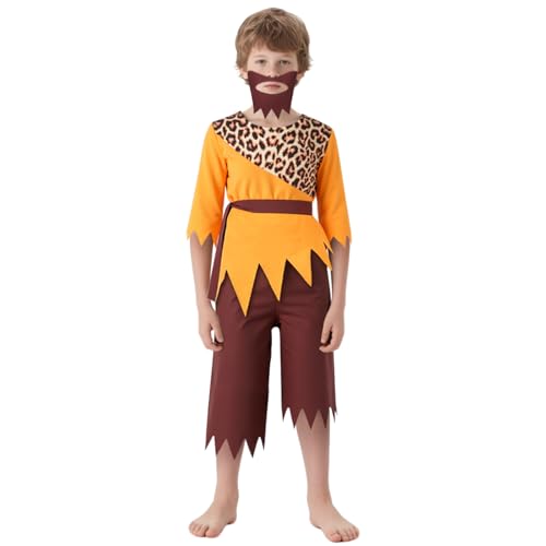 BSBUY Deguisement Caverne Costume Prehistoire Enfant, Manche Longues Imprimé Top et Pantalon pour Garçons Filles, Costume Cosplay Enfant Carnaval, Deguisement...