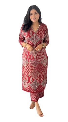 Image of LookMark Women's Cotton Blend Trendy Regular Fit Solid Printed Kurti with Stright Bottom |Kurti Set for Women