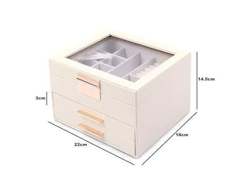 Image of BucketList Luxury PU Leather Jewellery Organizer Box with Glass Top | Multi-Drawer Jewelry Storage Case with Ring Slots & Compartments | Elegant Lockable (2 Drawers Jewellery Box (White))