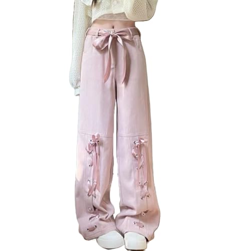 Y2K Bow Tie Jeans for Women Baggy Casual Wide Leg Pants Kawaii Straight High Waist Drawstring Pink Trousers