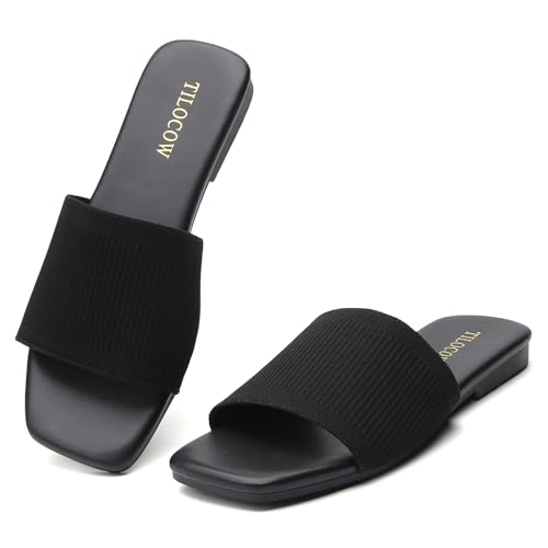 Tilocow Knitted Flat Sandals For women Square Open Toe Slide Sandals Casual Summer Shoes