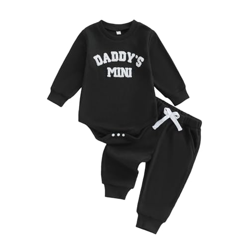 Image of Kupretty Baby Boy Clothes 3 6 12 18 Months Fall Winter Outfit Mama's Boy Embroidery Waffle Long Sleeve Romper Pants Set