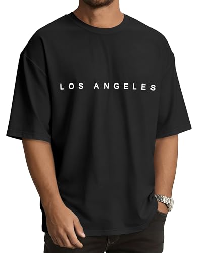 Mens Shirts Oversized Graphic Crewneck Tshirts, Black Los Angeles, L