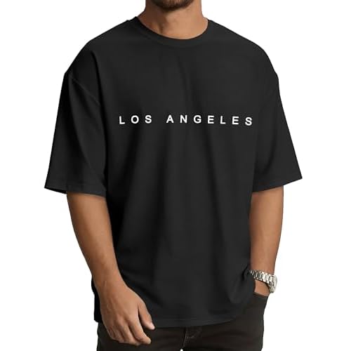 rosemia Oversized Tshirts for Men Crewneck Graphic Tees Basic Short Sleeve Loose Fit Tops, Black Los Angeles, S