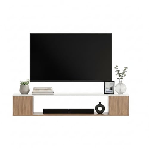 Image of FURNEASER Ether Modern Wall Mounted TV Unit with Floating Shelf | Wooden TV Entertainment Unit for Living Room | Engineered Wood Media Console for 43,50, 55 to 65 Inch TV (Exotic Teak & White)