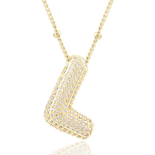 CCINPPY Letter Necklace, 14k Gold Plated Bubble Balloon Dainty Necklace for Women, Chunky Initial Charm Pendant Name Necklac e Personalized, Gold, Letter L