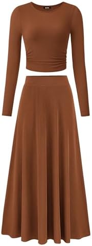 BTFBM Two Piece Skirt Sets For Women 2024 Trendy Fall Outfits Ribbed Knit Long Sleeve Crop Top Flowy Maxi Skirt Set(Solid Dark Brown, Large)