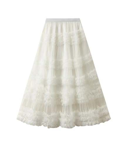 Women Floral Mesh A-Line Lace Mesh Cake Long Skirts Solid High Waist Tulle Holiday Party Skirts