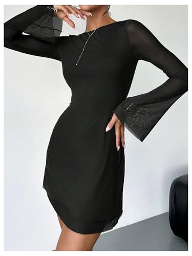 Image of GORGLITTER Women's Bell Long Sleeve Mini Dress Y2k Fall 2025 Mesh Boat Neck Going Out Club Bodycon Short Dress
