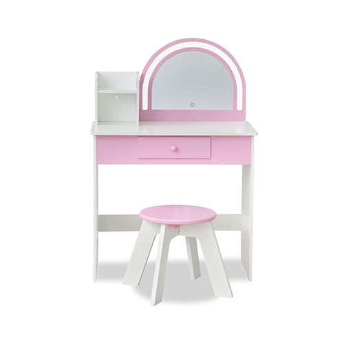 Image of Teamson Kids Rose Shine Play Vanity Set, White /Pink, Ages 3+ | Built-in LED Strip Lights, Touch Sensor Mirror, 2-in-1 Vanity & Desk, Modern Pretend Makeup Table, Includes Stool