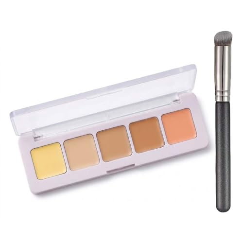 Image of Five-Shade Beige Concealer Palette for Natural Complexion Correction - Creamy Waterproof Formula Covers Dark Circles, Blemishes with Full Long-Lasting Buildable Coverage & Brush