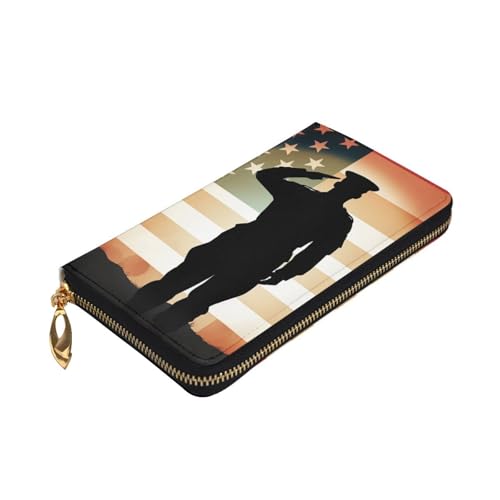 Womens Wallet Leather Slim Wallet Long Card Holder Case Zip Clutch Thank You Soldier Saluting America Flag Travel Purse4